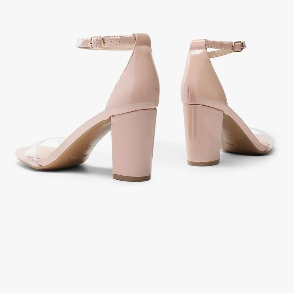 Pink Ankle Strap Block Heels With Clear Toe Strap Size 10